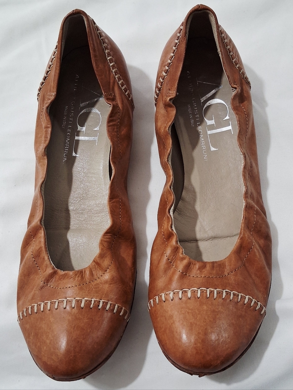 AGL Cognac Leather Ballet Flats with Contrast Whipstitch